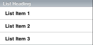 一个列表标题和 3 个列表项占据了屏幕的整个宽度。